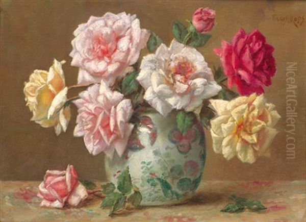 Rosen In Einer Chinesischen Porzellanvase Oil Painting by Franz Kops