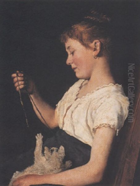 Madchen Mit Einer Katze Spielend Oil Painting by Franz Kops