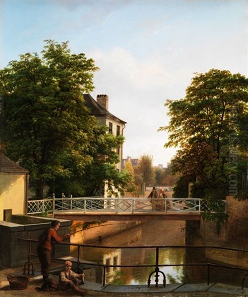 Partie Einer Hollandischen Gracht Mit Figurenstaffage Oil Painting by Johannes Franciscus Kops