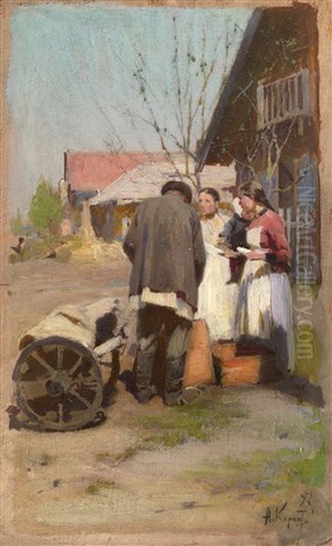 Meeting In A Village Street Oil Painting by Aleksei Mikhailovich Korin