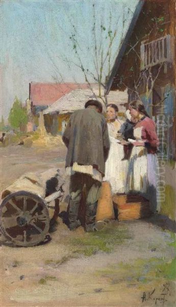 Village News Oil Painting by Aleksei Mikhailovich Korin