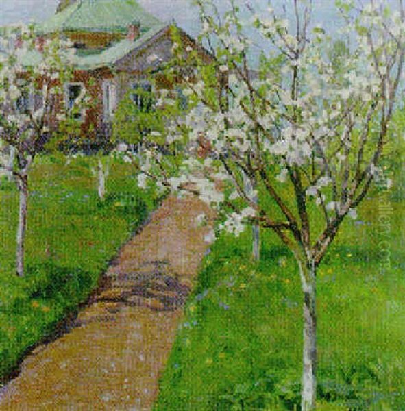 Springtime Blossom In The Dacha Garden Oil Painting by Aleksei Mikhailovich Korin