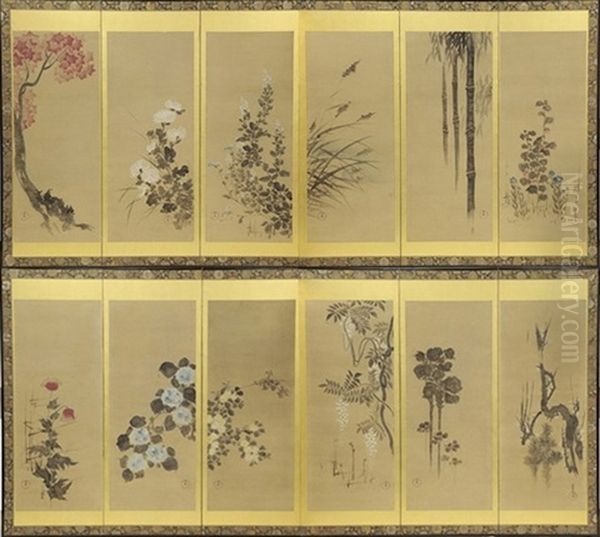 A Pair Of Seasonal Flowers Six-fold Screen Oil Painting by Ogata Korin