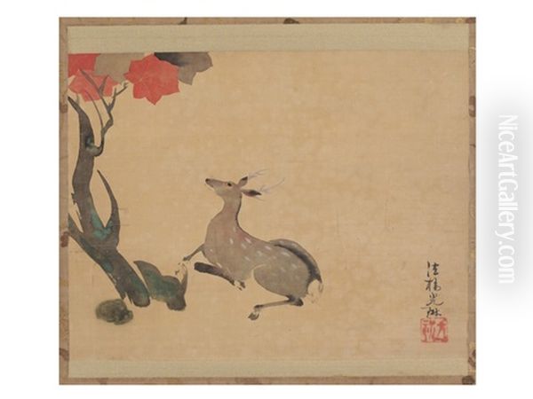 Maple And Deer Oil Painting by Ogata Korin