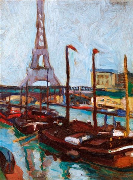 Seine Bank With The Eiffel Tower Oil Painting by Erwin Kormendi-Frim