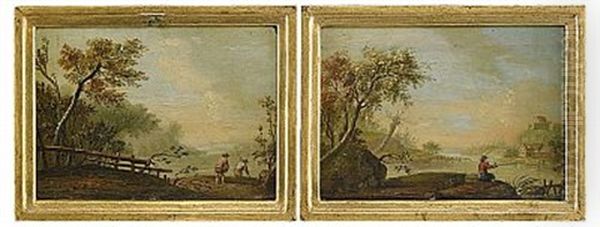 Pastorala Kustlandskap Med Fiskare (pair) Oil Painting by Johan Philip Korn