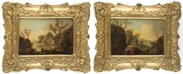 Landskap Med Figurer Vid Vattendrag (pair) Oil Painting by Johan Philip Korn