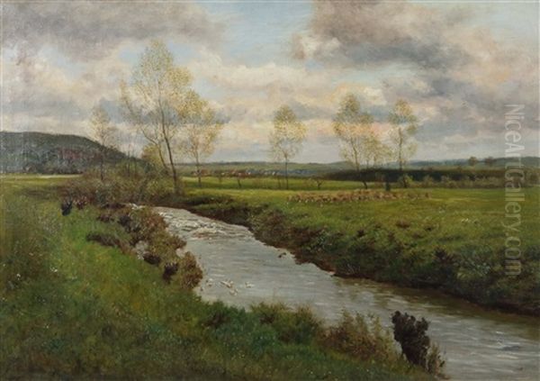 Schafherde An Der Aich Mit Zizishausen Und Dem Zizishauser Bergle Im Hintergrund Links Oil Painting by Julius Kornbeck