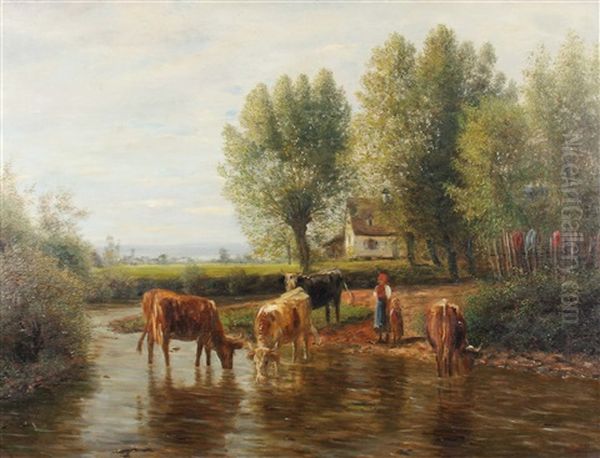 Kuhe An Der Furt Oil Painting by Julius Kornbeck