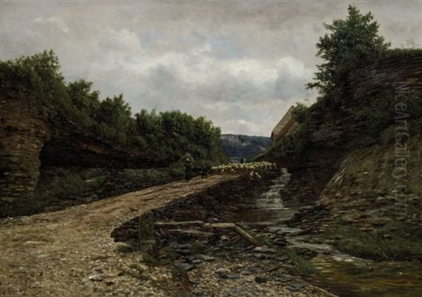 Schafer Mit Seiner Herde Auf Dem Heimweg Oil Painting by Julius Kornbeck