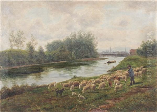 Schafer Mit Seiner Herde Am Neckar Vor Esslingen Oil Painting by Julius Kornbeck