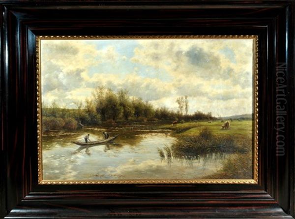 Fischer Am Fluss Mit Weidenden Kuhen Oil Painting by Julius Kornbeck