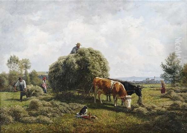 Heuernte In Neckarlandschaft Mit Blick Auf Nurtingen Und Die Schwabische Alb Oil Painting by Julius Kornbeck