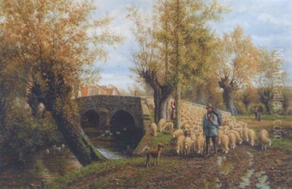 Hirte Mit Schafherde An Weidengesaumten Fluss Oil Painting by Julius Kornbeck