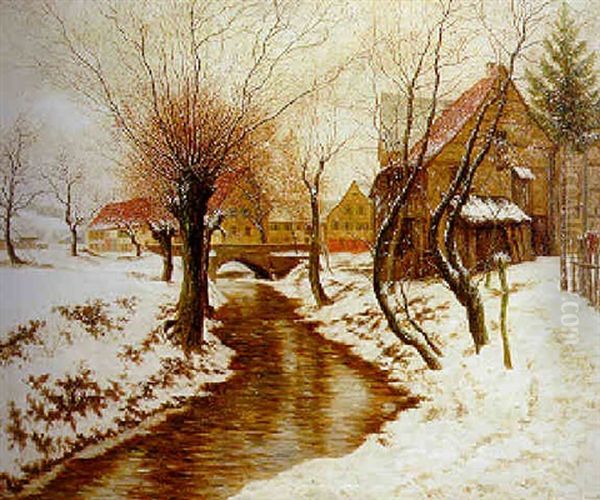 Winter In Oberensingen - Brucke Uber Die Aich Oil Painting by Julius Kornbeck