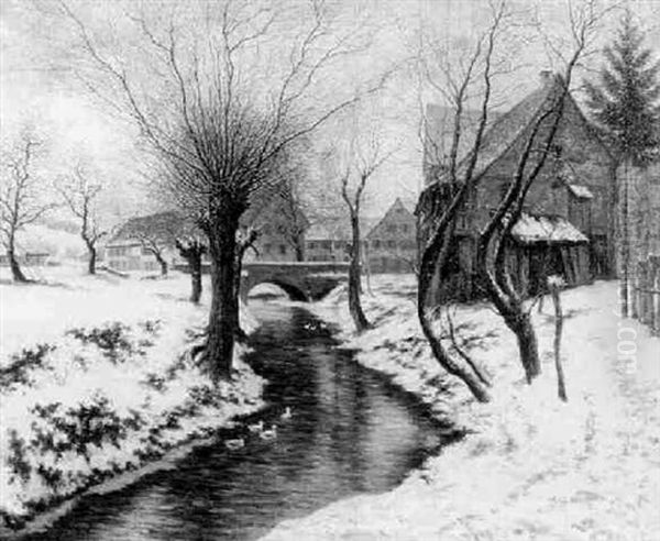 Fluslandschaft Im Winter, Felder Und Das Kleine Stadtchen (nurtingen?) Vom Schnee Bedeckt Oil Painting by Julius Kornbeck