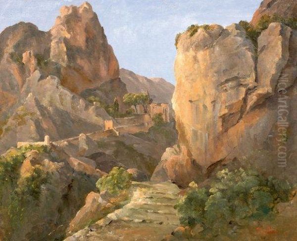 Vue De Moustiers Sainte Marie Oil Painting by Augustin Bec