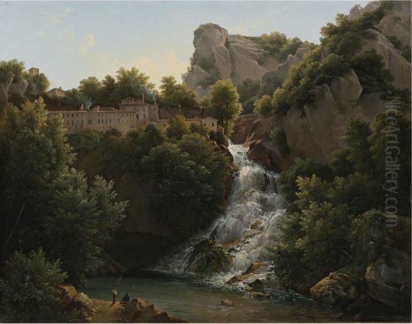 A Landscape With A Waterfall, A Mountain Village At The Edge Of The Cliff Oil Painting by Augustin Bec