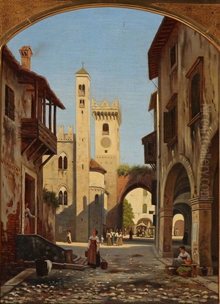 Italian Street Scene With A Church And People Gathering Near The Market Oil Painting by Peter Kornbeck