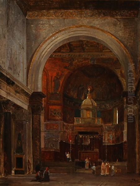 Italian Church Interior Oil Painting by Peter Kornbeck