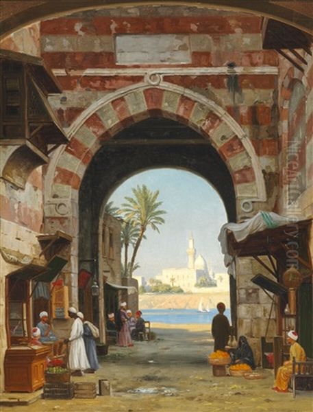 Street Scene In Cairo Oil Painting by Peter Kornbeck