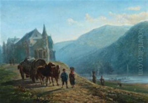 Italian Landscape With A Church And People Near A River Oil Painting by Peter Kornbeck