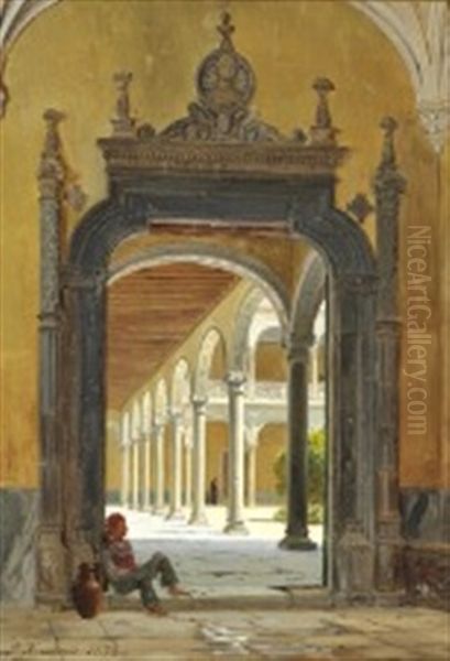 An Italian Cloister Oil Painting by Peter Kornbeck