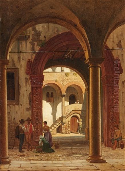 Figures In A Venetian Courtyard Oil Painting by Peter Kornbeck