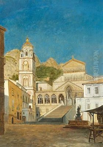 View Of Duomo Di Sant'andrea (the Cathedral Of St. Andrew) Seen From Piazza Del Duomo, Amalfi Oil Painting by Peter Kornbeck