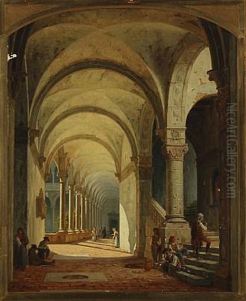 Cloister With Natural Light From The Garden, In The Forground Several Beggars Oil Painting by Peter Kornbeck