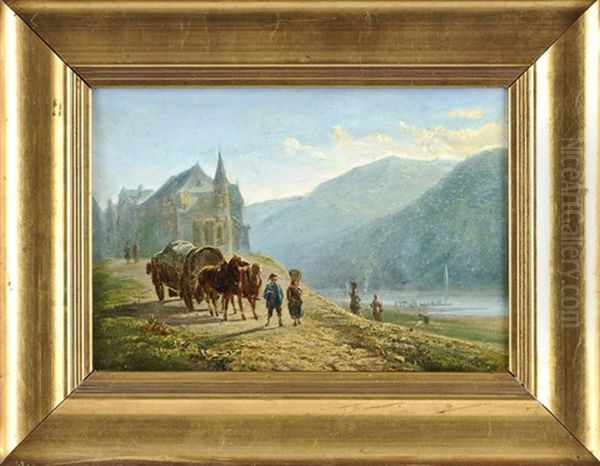 Von Bergen Gesaumte Fluslandschaft Mit Bauern U. Kirchbau Im Hintergrund Oil Painting by Peter Kornbeck