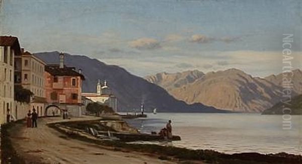 Coastal Scene From A Village In Northern Italy Oil Painting by Peter Kornbeck