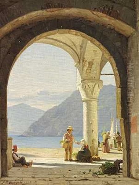 Folkeliv I Connobio Ved Lago Maggiore Oil Painting by Peter Kornbeck