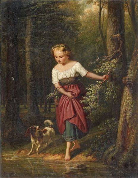 Girl Crossing A Stream Oil Painting by Friedrich Rudolf Albert Korneck