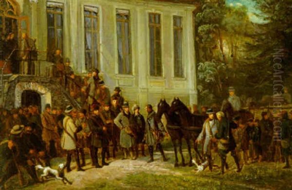 Jagtselskab Foran Hovedbygning Oil Painting by Friedrich Rudolf Albert Korneck