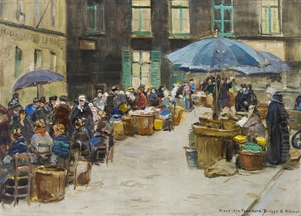 Place Des Tanneurs, Brugge (fischmarkt In Brugge) Oil Painting by Edmund Koerner