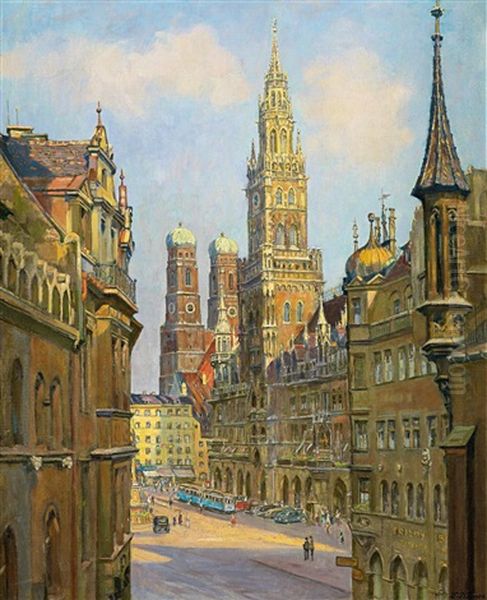 Der Marienplatz In Munchen Am Morgen Oil Painting by Edmund Koerner