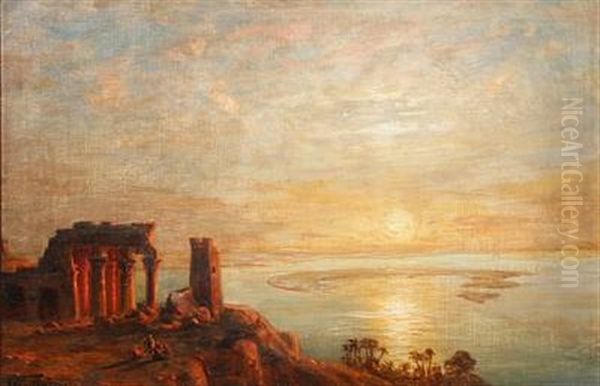 The Egyptian Temple Kom Ombo At Aswan, Sunset Oil Painting by Ernst Koerner