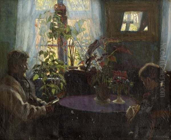 Interieur Mit Ehepaar An Einem Mittsommerabend Oil Painting by Valdemar Kornerup