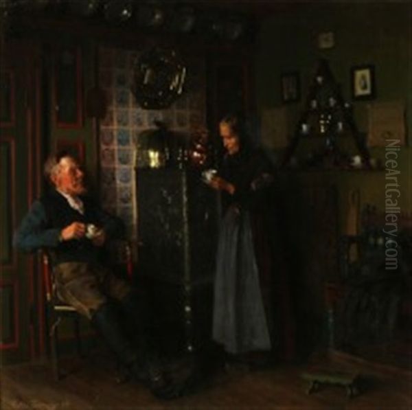 Interior With A Peasant Couple Drinking Coffee Oil Painting by Valdemar Kornerup