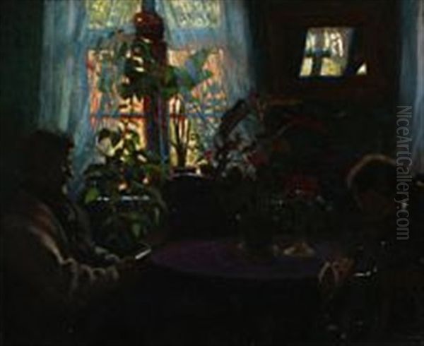 Livingroom Interior With Two Persons Oil Painting by Valdemar Kornerup