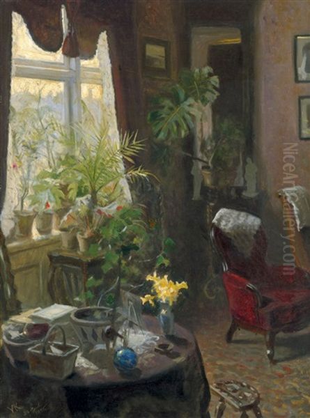 Interieur Mit Rotem Sessel Oil Painting by Valdemar Kornerup