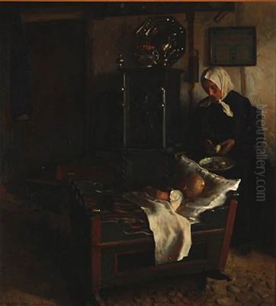 Country Interior With A Woman And A Child Oil Painting by Valdemar Kornerup