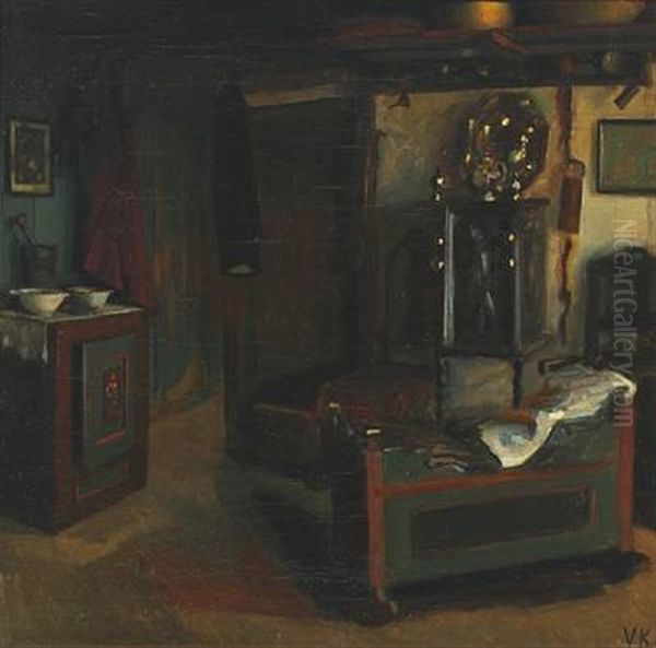 Rustic Style Interior With A Cradle And An Oven Oil Painting by Valdemar Kornerup