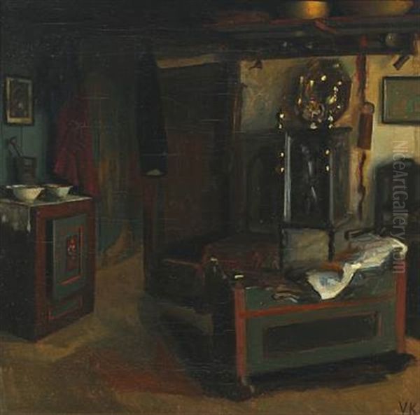 Rustic Style Interior With A Cradle And An Owen Oil Painting by Valdemar Kornerup