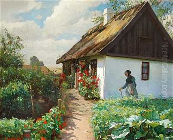 Blomstrende Rode Stokroser Udenfor Et Hvidkalket Bondehus Oil Painting by Valdemar Kornerup