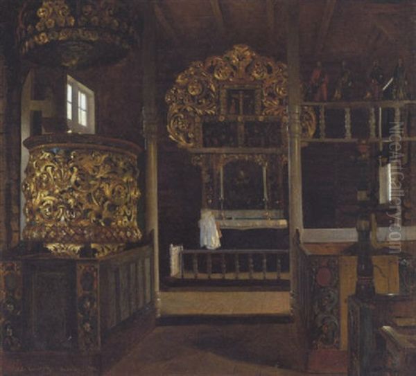 Interior Fra En Norsk Traekirke. Hedalen Oil Painting by Valdemar Kornerup