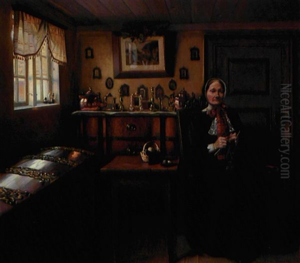 Almueinterior Med Kone, Der Strikker Sokker Oil Painting by Valdemar Kornerup