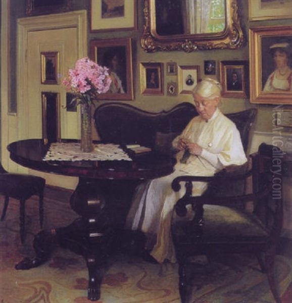 Interior Med Aeldre Dame, Der Strikker Oil Painting by Valdemar Kornerup