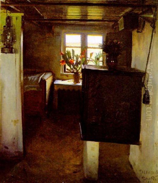 A Sunlit Interior Oil Painting by Valdemar Kornerup